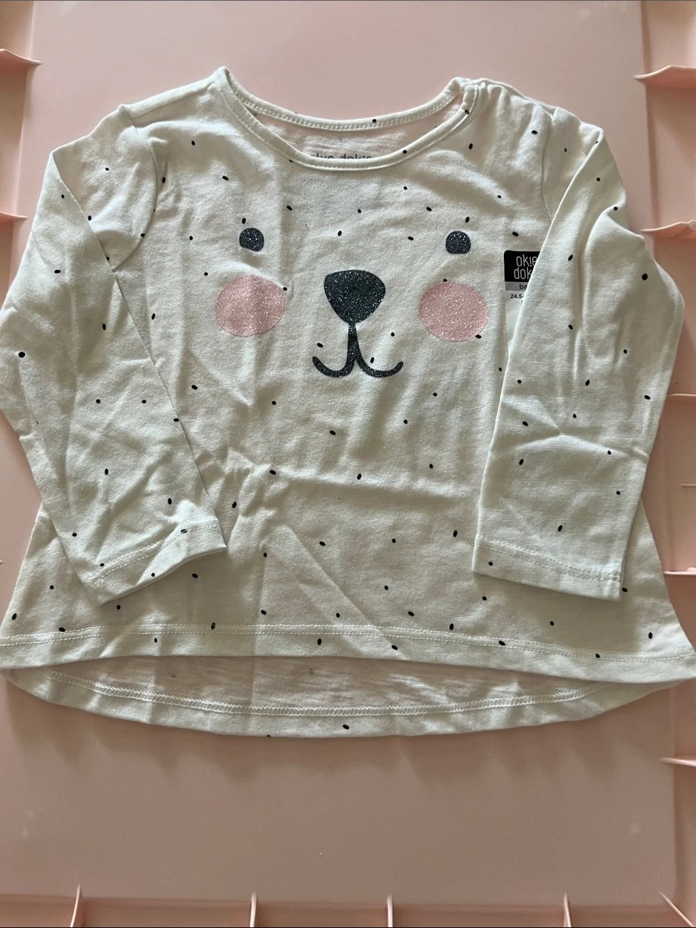 okie dokie Cream Long Sleeve Tee with Dog Face and Pink Cheeks